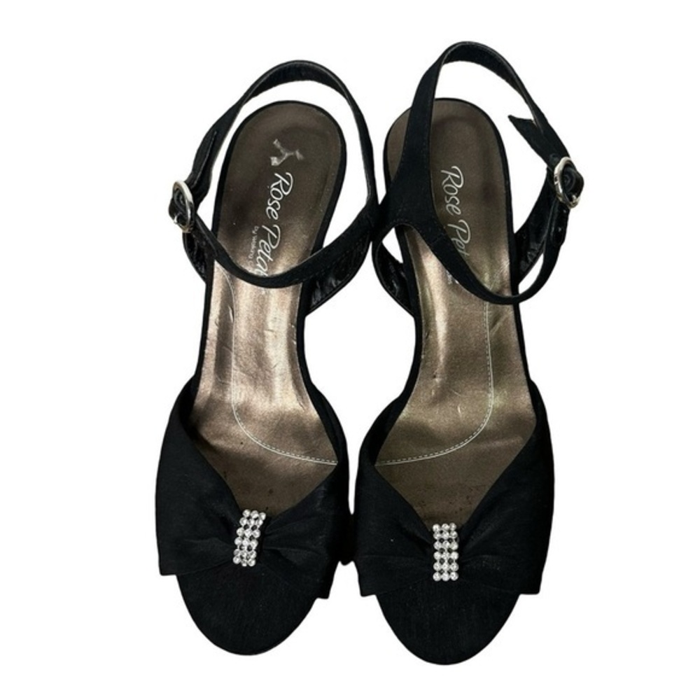 Rose Petals Black Heels Rhinestone Open Toe‎ Size 8